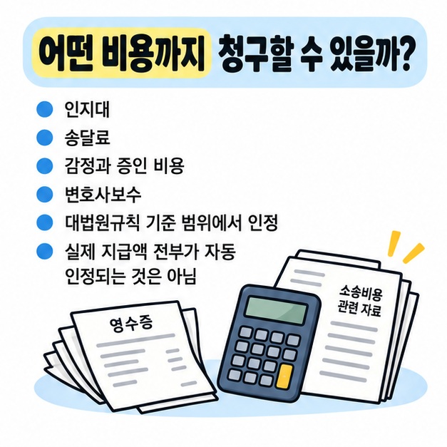 인지대, 송달료, 변호사보수 등 청구 가능한 비용을 표처럼 정리한 그림