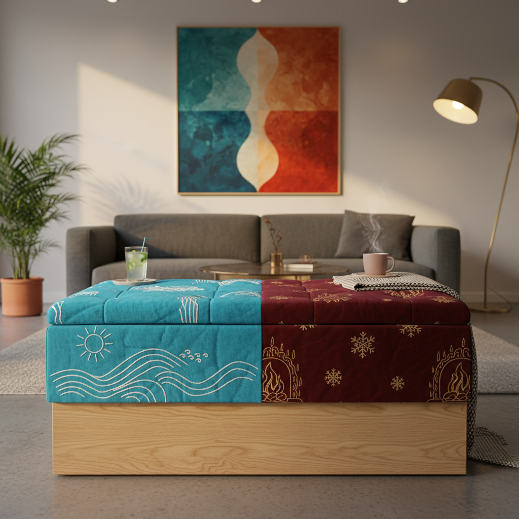 여름용 쿨링 코튼 커버와 겨울용 벨벳 커버가 대비되는 보관함 사진