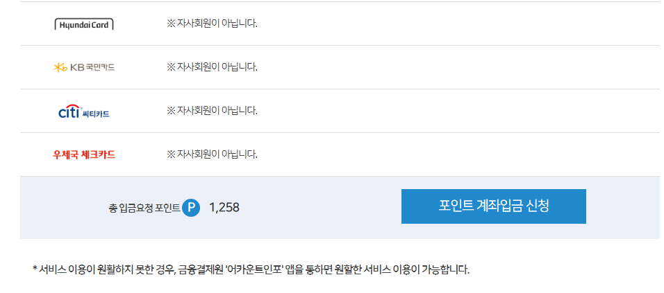여신금융협회 카드포인트 및 입금신청버튼