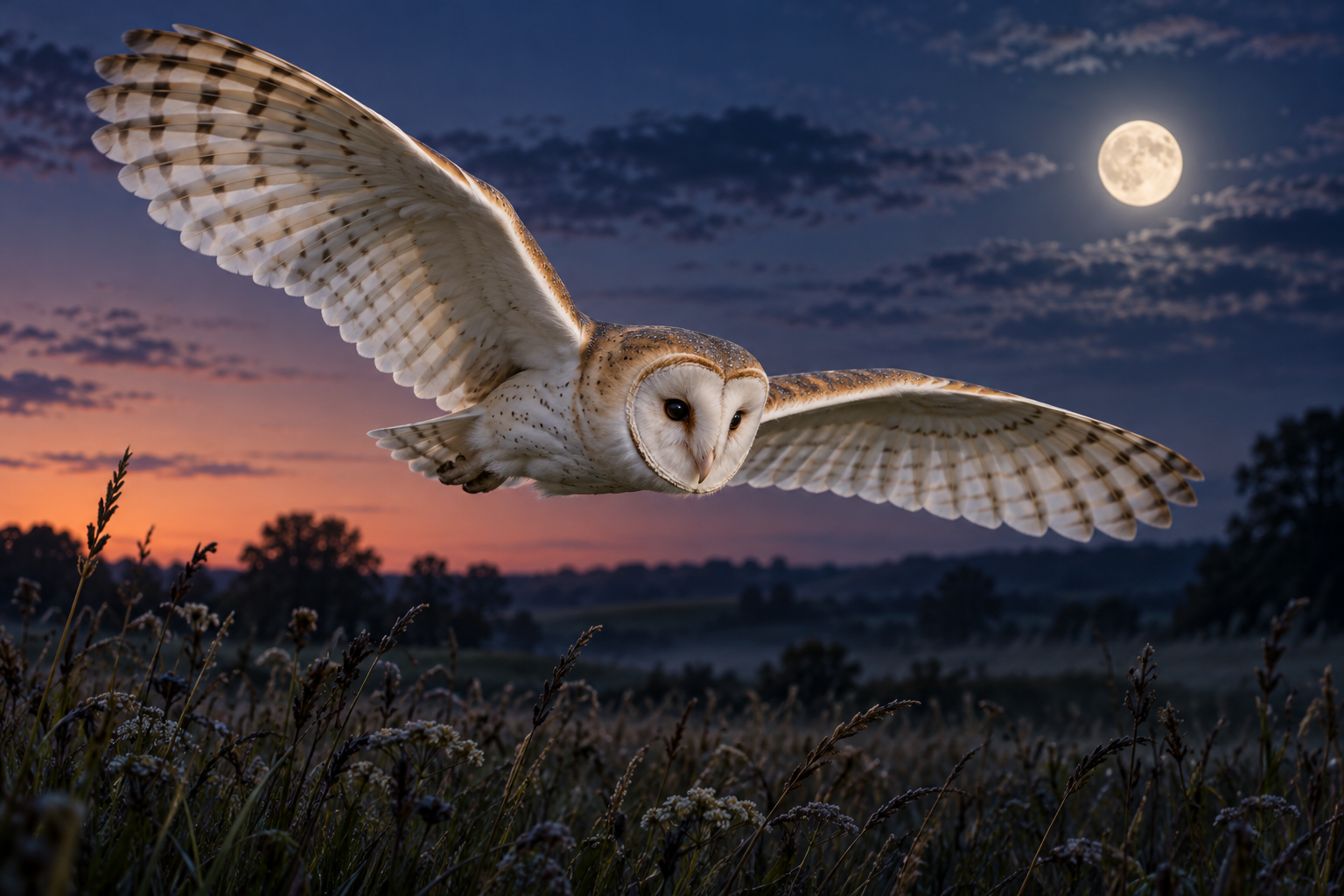 A barn owl gliding over a meadow at dusk