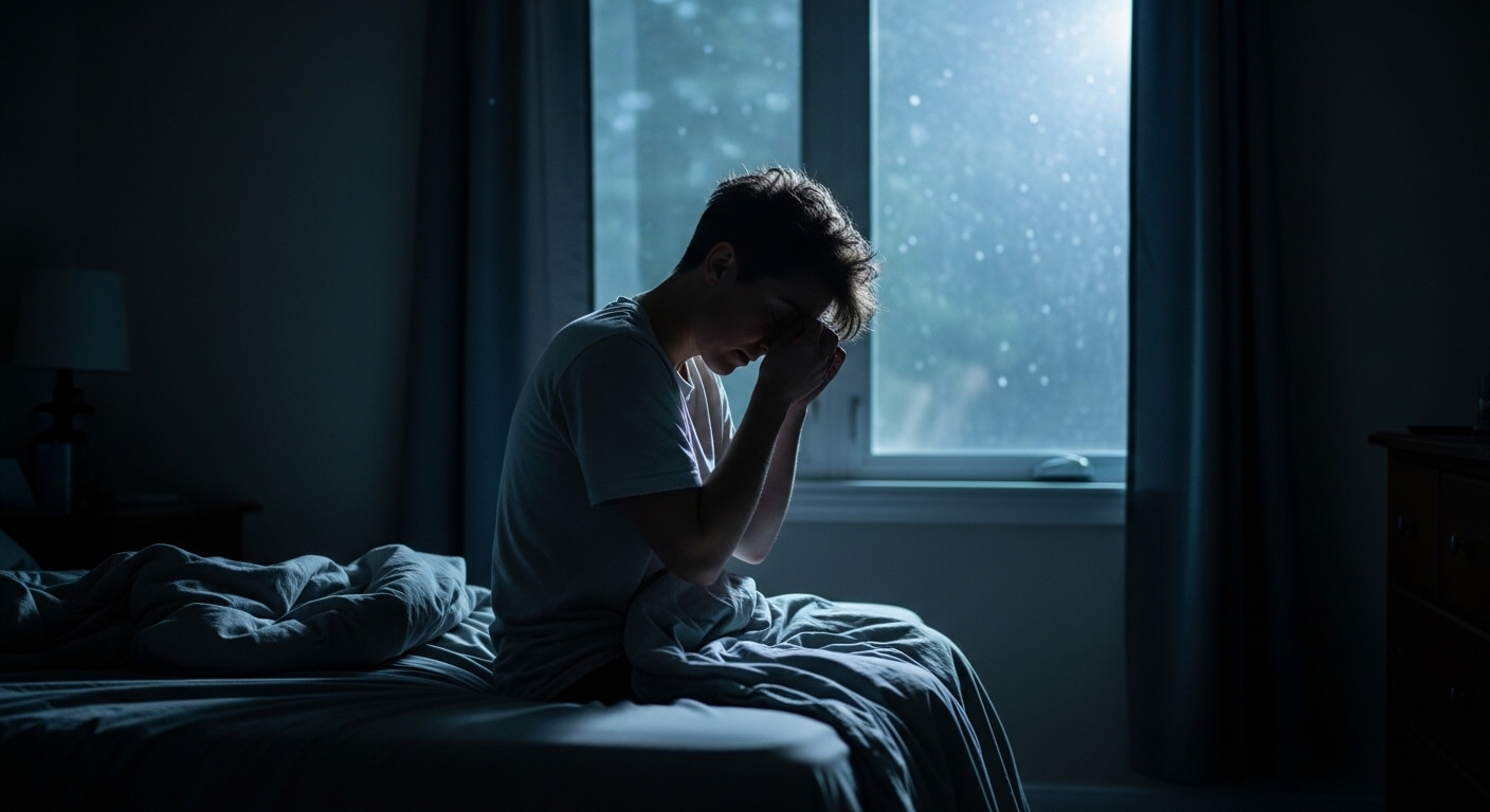새벽에 잠에서 깨어 침대에 앉아 있는 사람의 모습