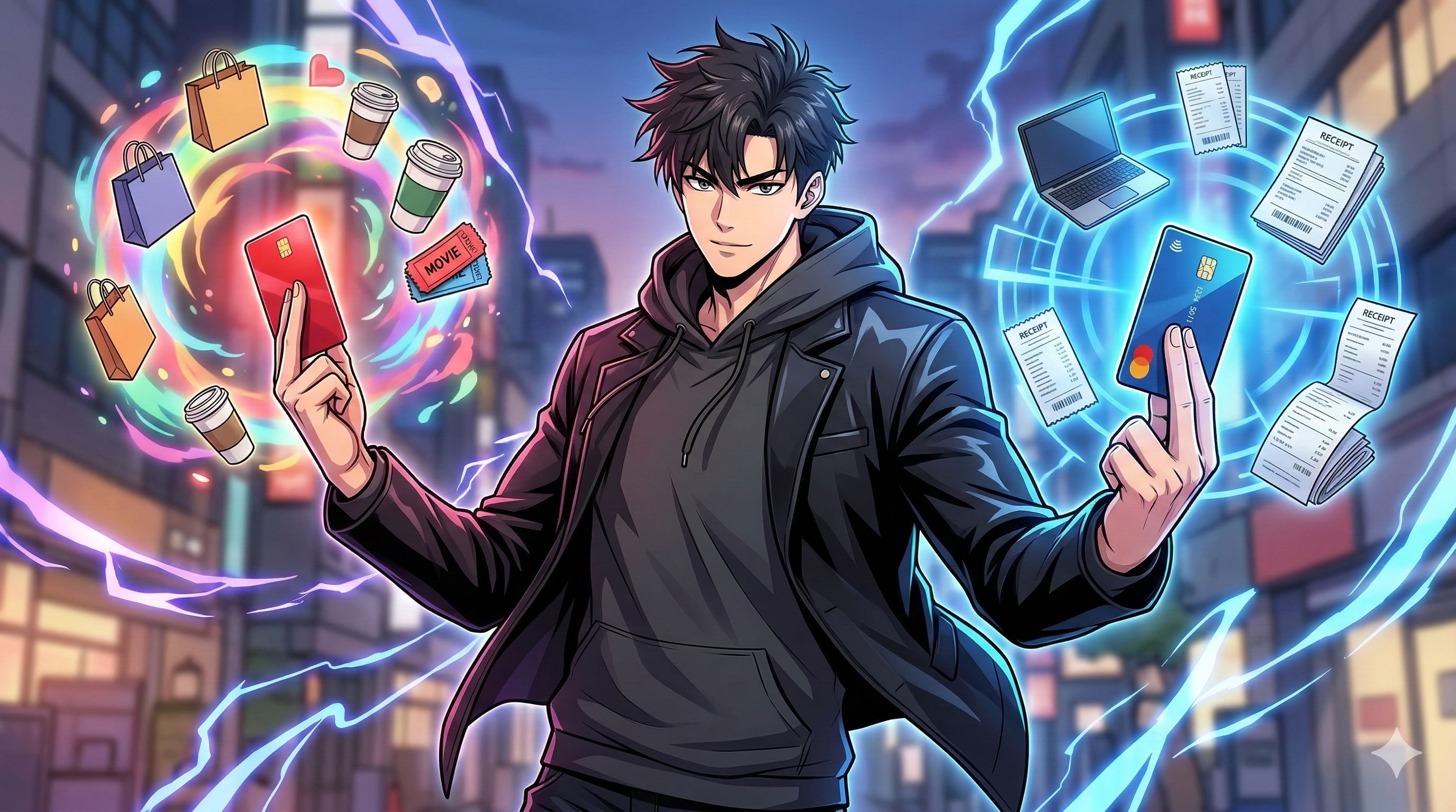 소비용과 사업용 카드를 든 액션 히어로 스타일 주인공