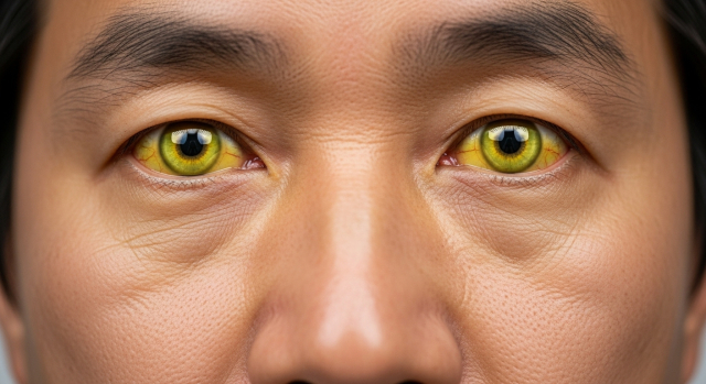 눈 흰자위가 노란색으로 변한 환자 클로즈업