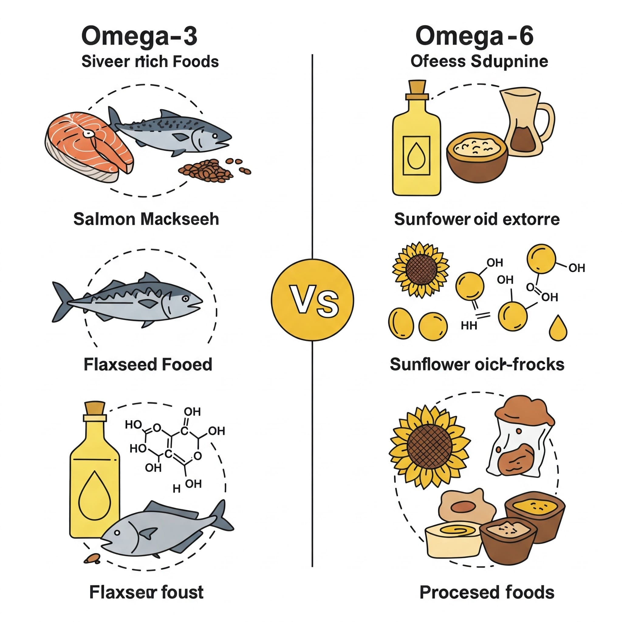 오메가-3가 풍부한 식품(연어, 고등어, 아마씨) vs 오메가-6가 풍부한 식품(해바라기유, 가공식품)을 나란히 비교하는 인포그래픽 / 심플한 스타일 / 클린 화이트 배경