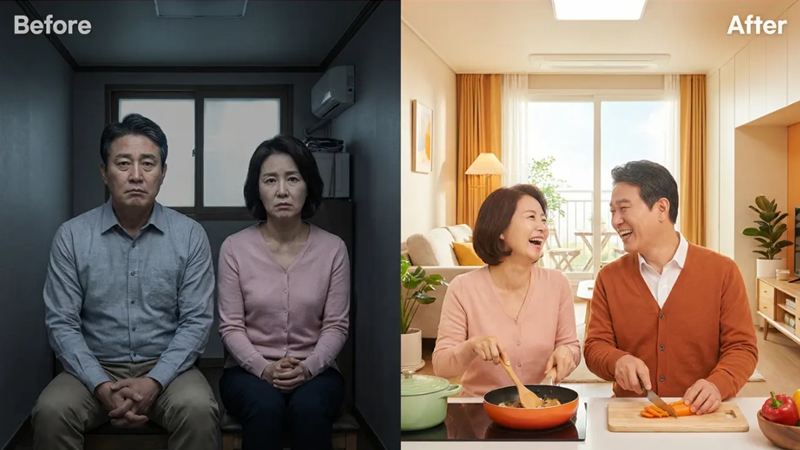 중장년 주거 취약 계층이 2026년 LH 전세임대 지원을 받아 안정된 주거 환경을 누리는 모습