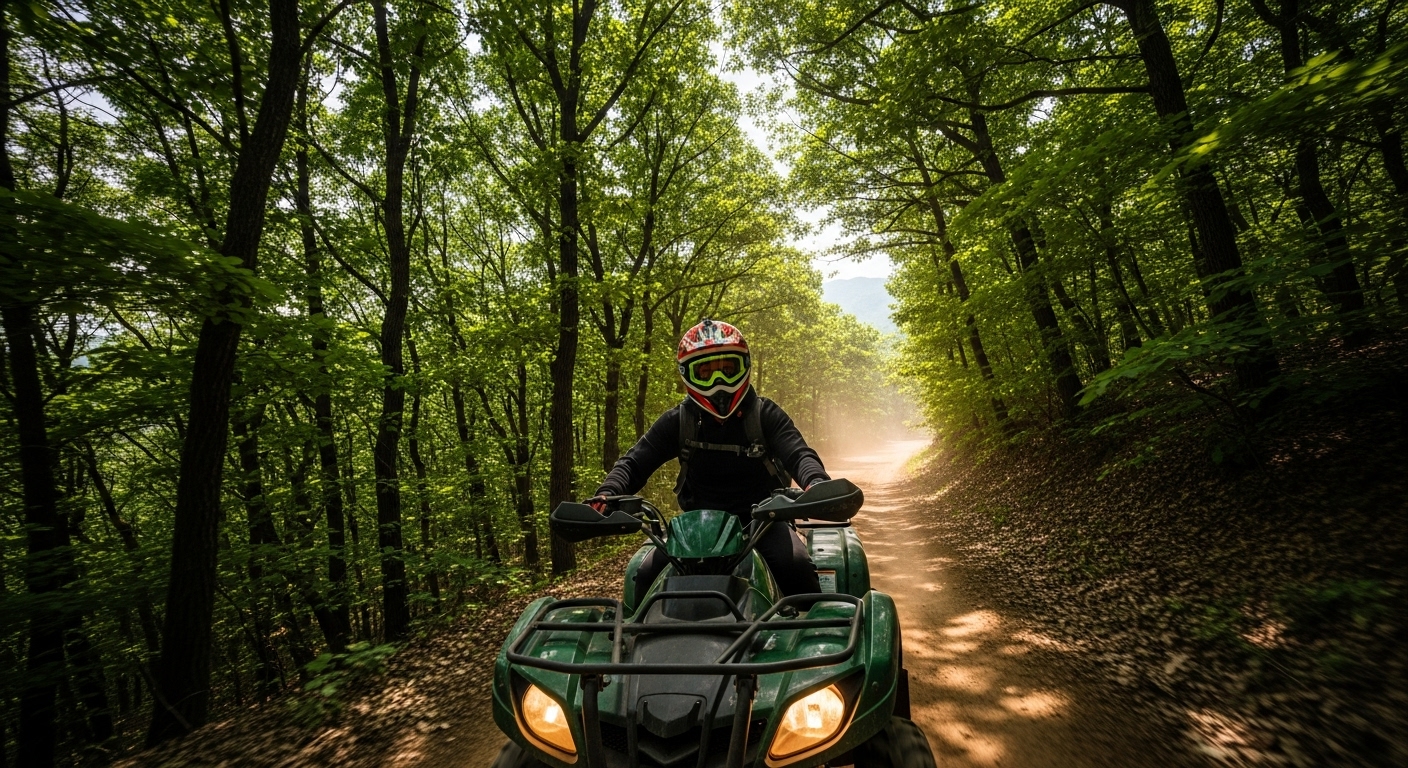 ATV driver driving vigorously on the blue forest road, the pleasure of a dynamic off-road experience