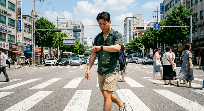 무더운 여름 스마트 워치로 건강 상태 확인 장면