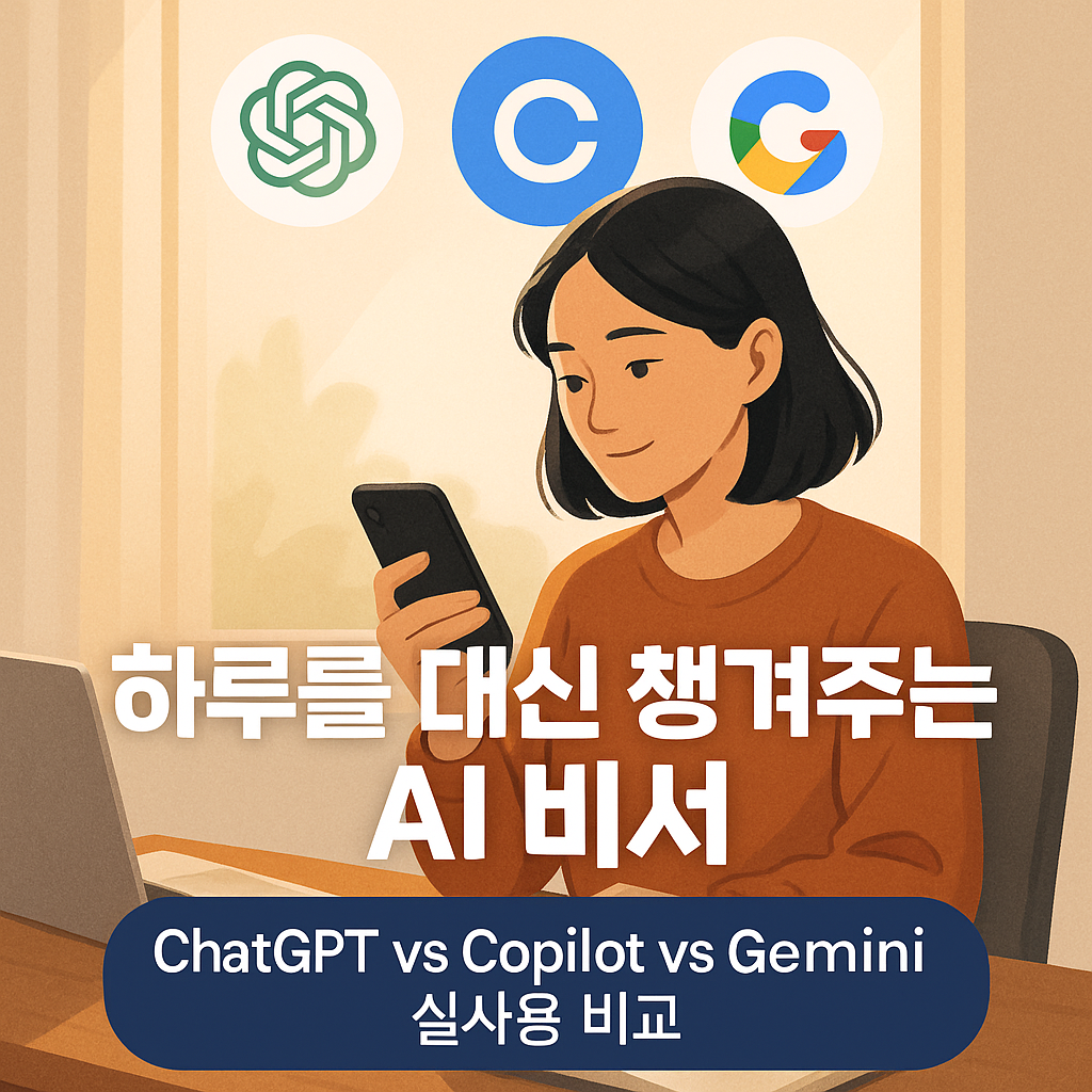 노트북 앞에서 스마트폰을 보고 있는 여성이 있고, 배경에 ChatGPT·Copilot·Gemini 로고가 떠 있는 따뜻한 일러스트, ‘하루를 대신 챙겨주는 AI 비서 — ChatGPT vs Copilot vs Gemini 실사용 비교’ 문구 포함