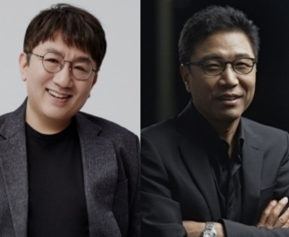 HYBE그룹의 대표 방시혁과 SM의 대표 이수만의 사진