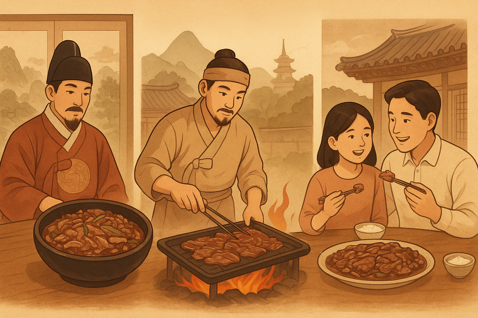 전통 한국 의상을 입은 인물과 가족이 함께 불고기를 굽고 먹는 장면을 담은 삽화.