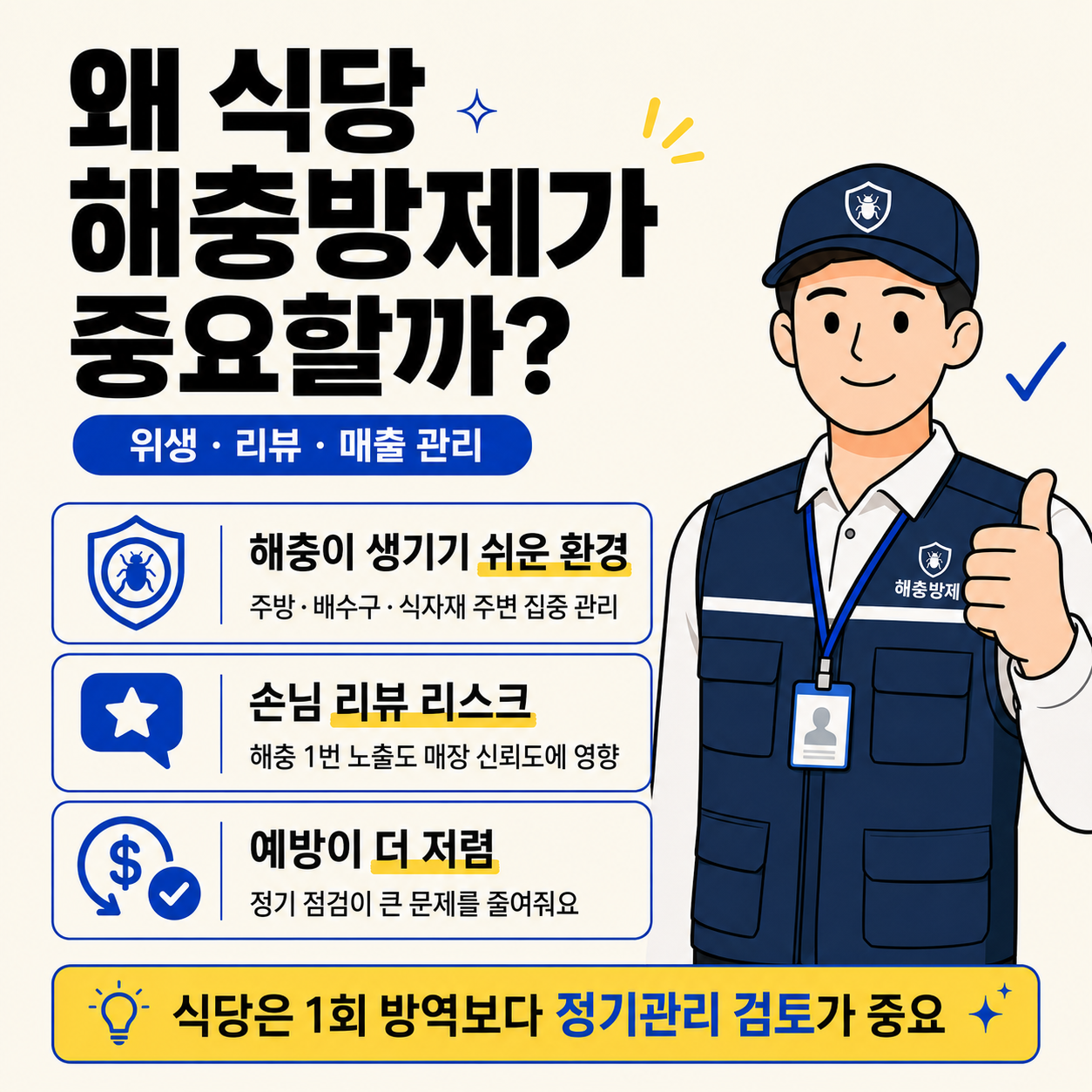 식당 해충방제가 중요한 이유를 위생, 리뷰, 매출 관리 관점에서 설명하고 정기관리 필요성을 안내하는 인포그래픽 이미지