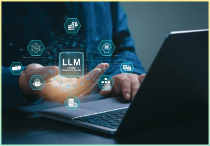 크게 LLM, AI 언어 모델 개념. 노트북에 작업 하 고 화면에 LLM 아이콘을 들고 사업가. 범용 언어 생성 기능으로 구별되는 언어 모델입니다. AI를 채팅합니다.