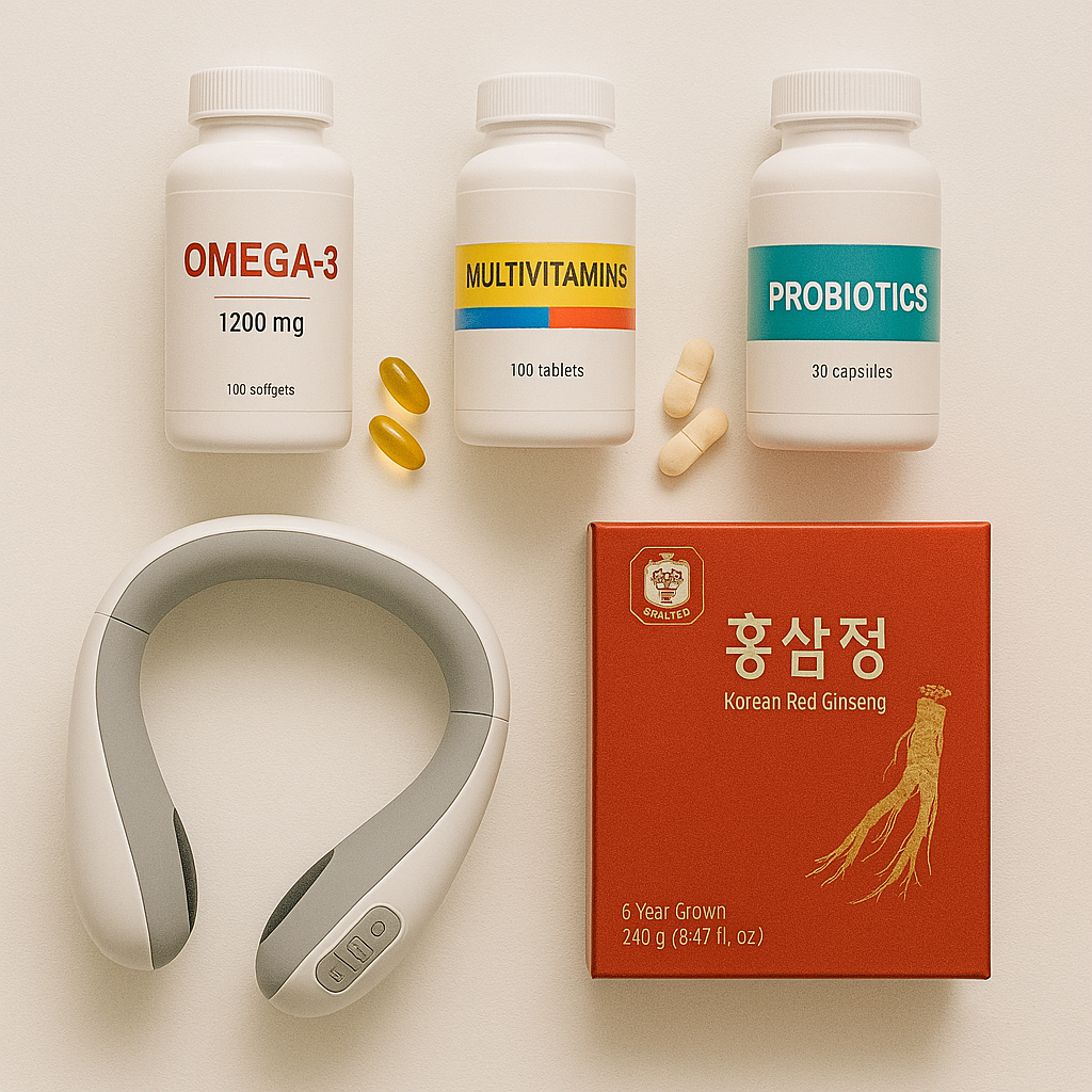 "오메가3, 종합비타민, 유산균, 홍삼 등 부모님 선물용 건강기능식품이 정갈하게 놓인 장면"