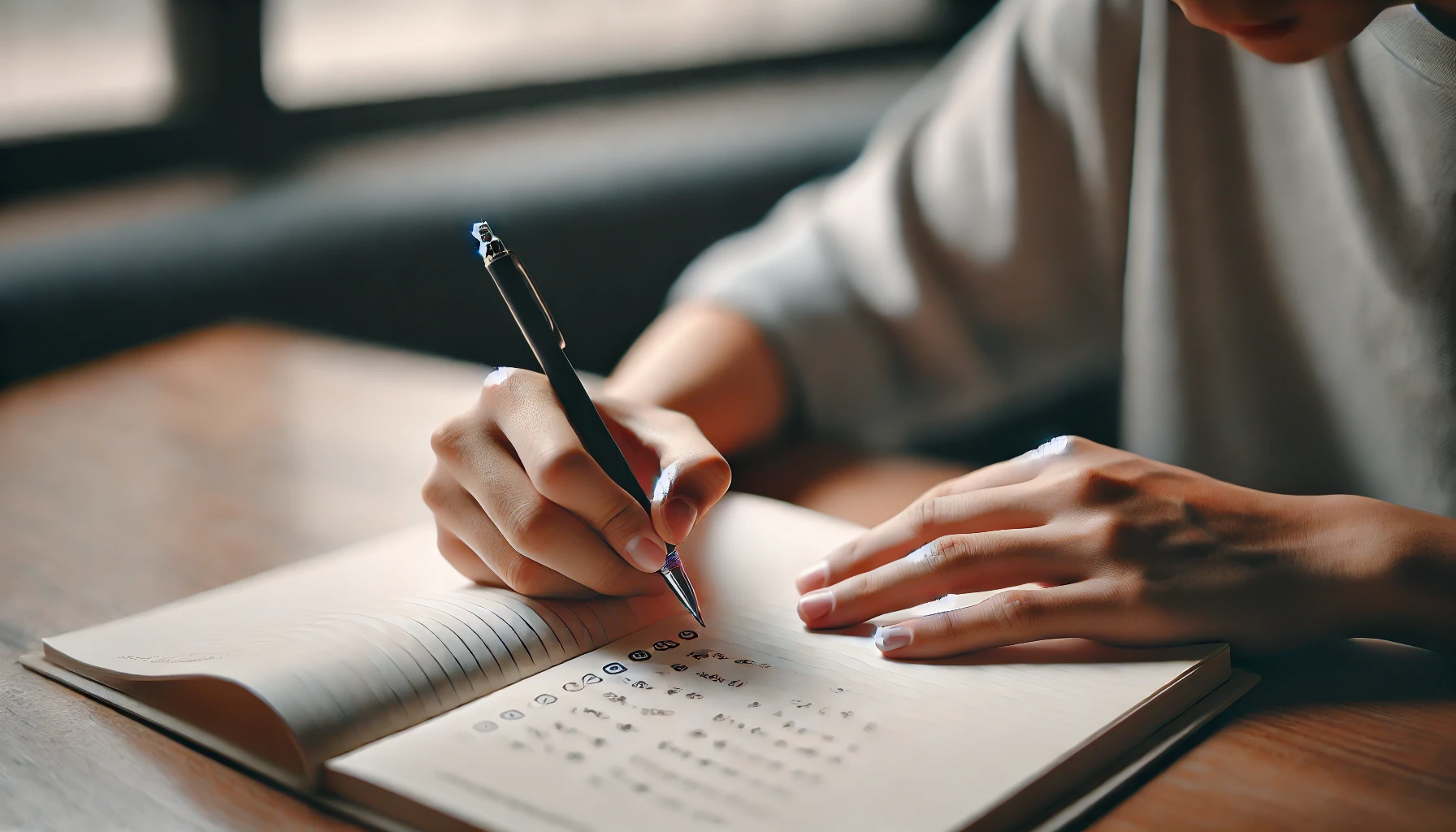 차분하고 집중된 분위기에서 오답노트를 정리하는 느낌의 이미지