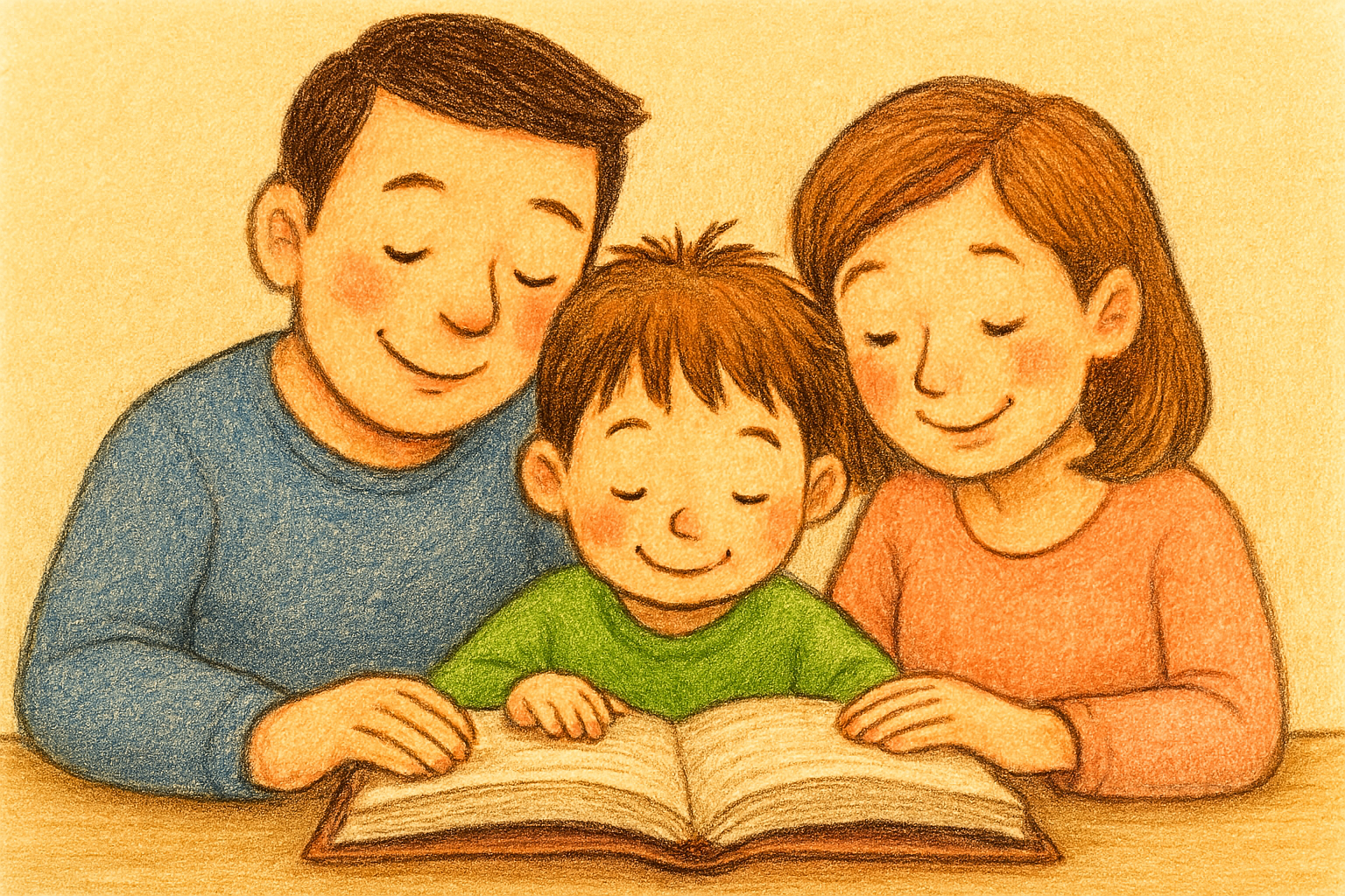 아이와 부모가 함께 책을 읽는 모습의 이미지