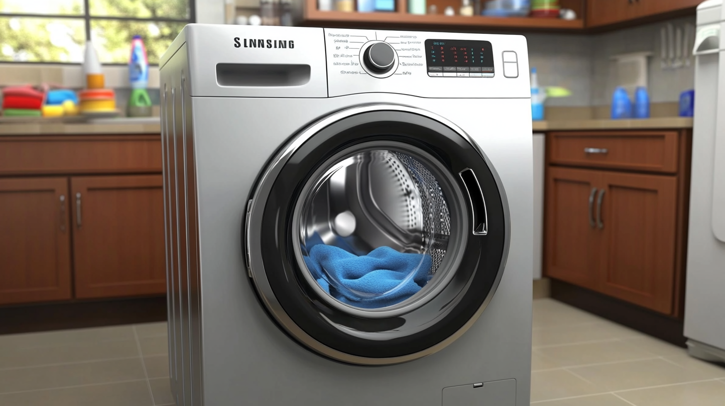 삼성 세탁기가 현대적인 인테리어가 어우러진 가정에서 깔끔하고 정돈된 주방이나 세탁실에서 사용되는 모습