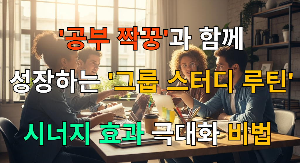 여러 명의 학생들이 카페 같은 밝은 공간에서 함께 모여 노트북과 책을 보며 활발하게 토론하는 그룹 스터디 장면.