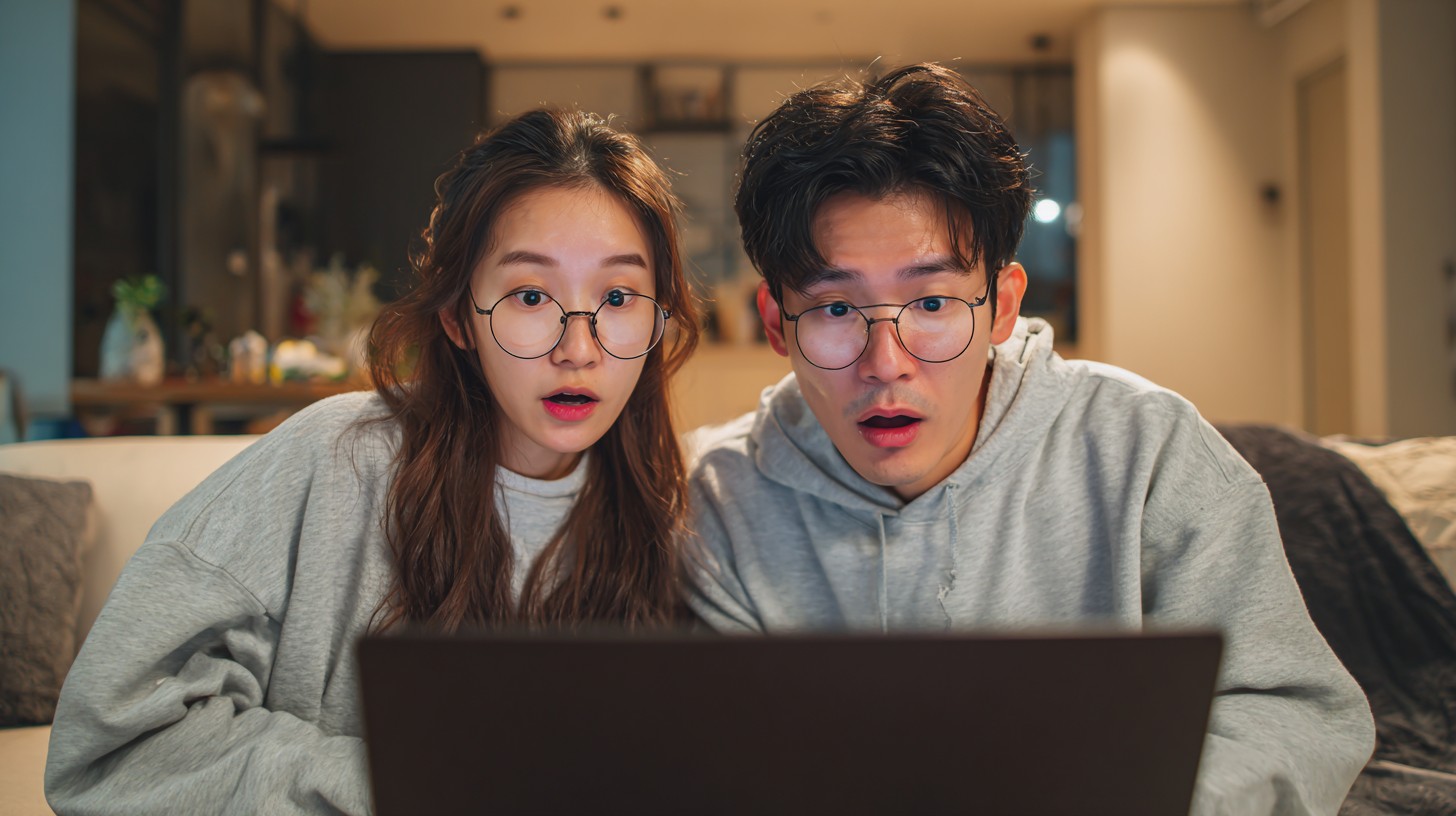 한국인들이 집에서 노트북과 스마트폰으로 파라타항공 특가 항공권을 검색하며 놀라는 표정
