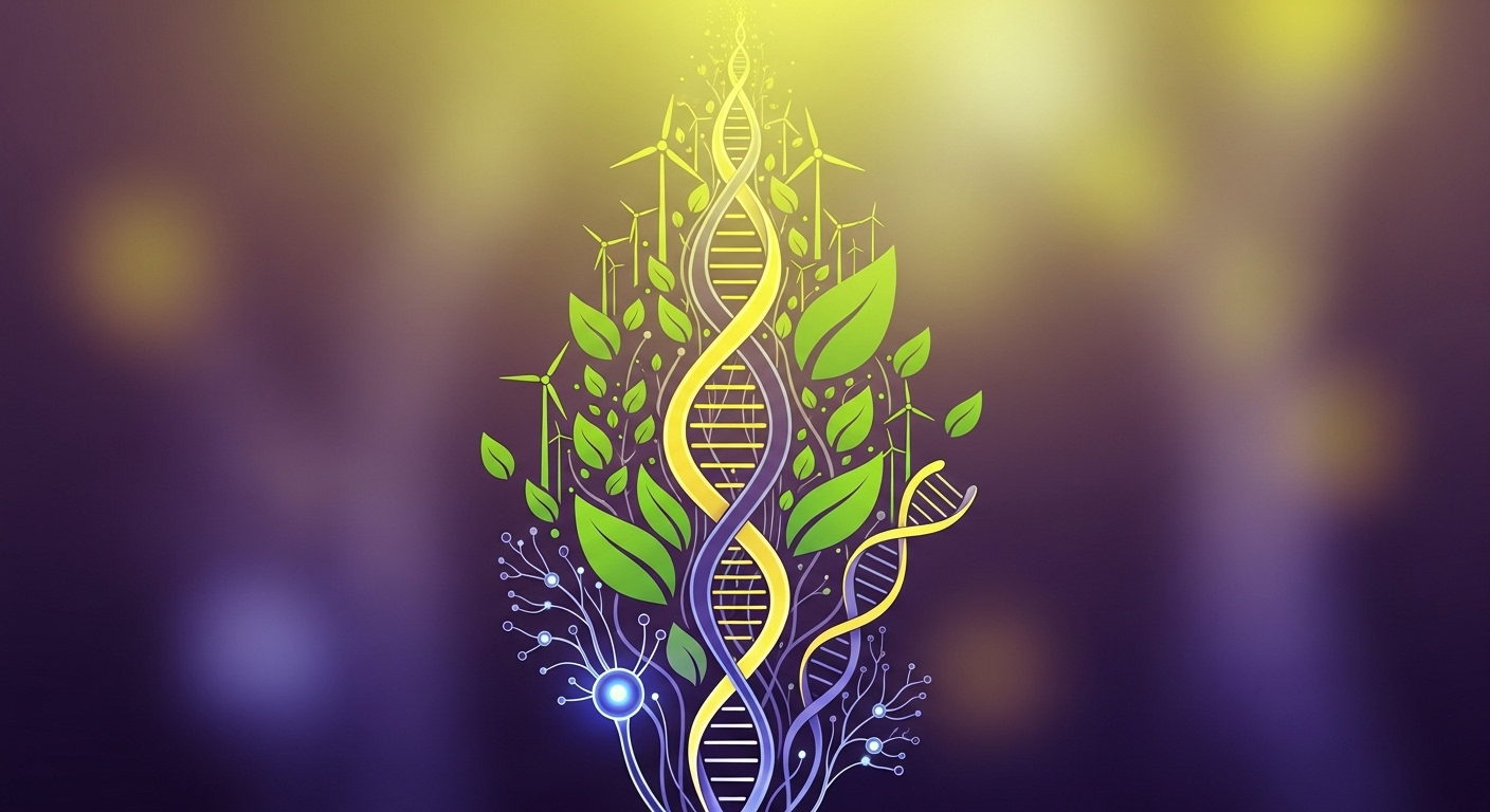 인공지능, 바이오, 친환경 기술이 융합되어 미래 성장을 보여주는 역동적인 추상 이미지.