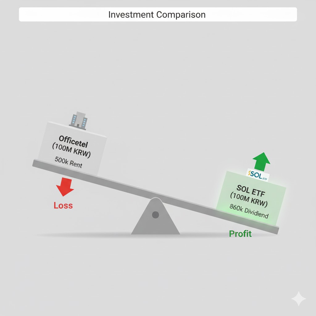 1억 원짜리 오피스텔(월세 50만)과 1억 원어치 SOL ETF(월배당 86만)를 비교하는 시소 이미지