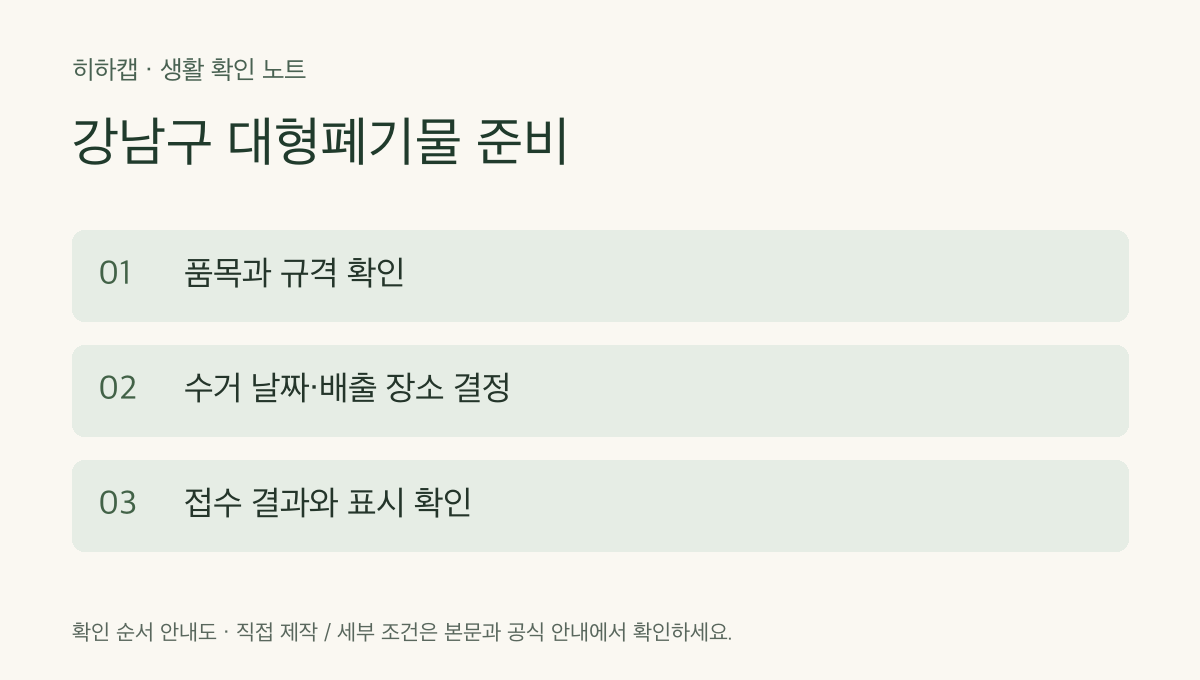 강남구 대형폐기물 준비 확인 순서: 품목과 규격 확인 &rarr; 수거 날짜&middot;배출 장소 결정 &rarr; 접수 결과와 표시 확인