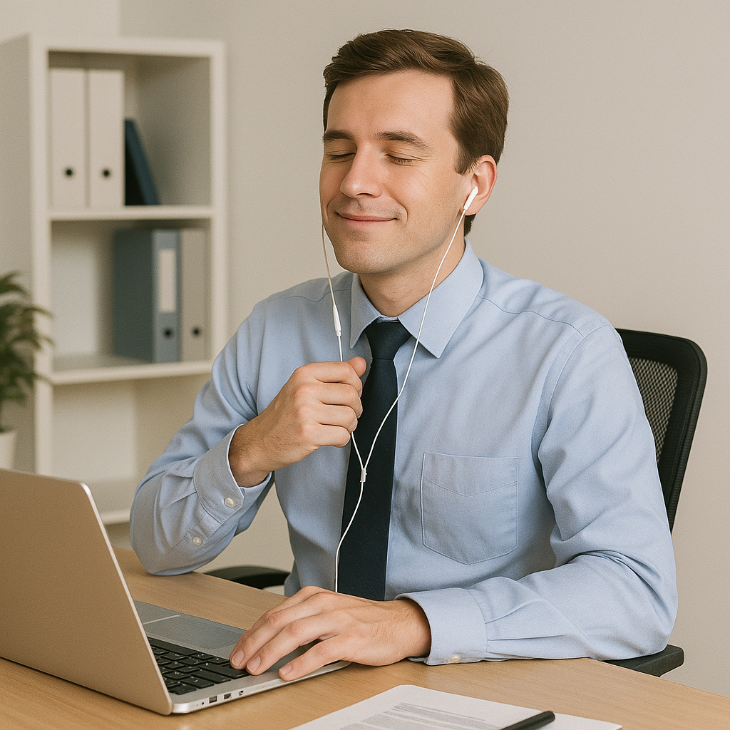 근무 중 음악 감상을 하고 있는 직장인의 모습