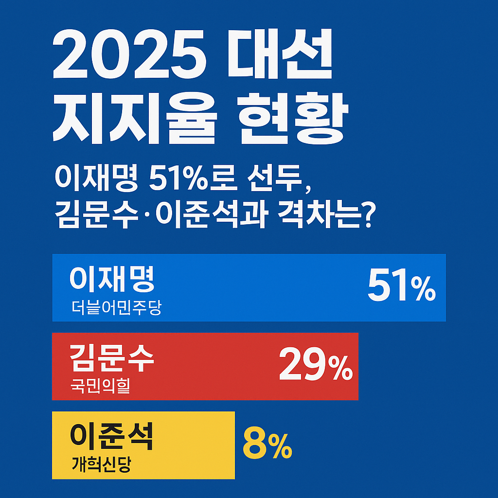 2025 대선 지지율 현황! 이재명 51%로 선두, 김문수·이준석과 격차는?