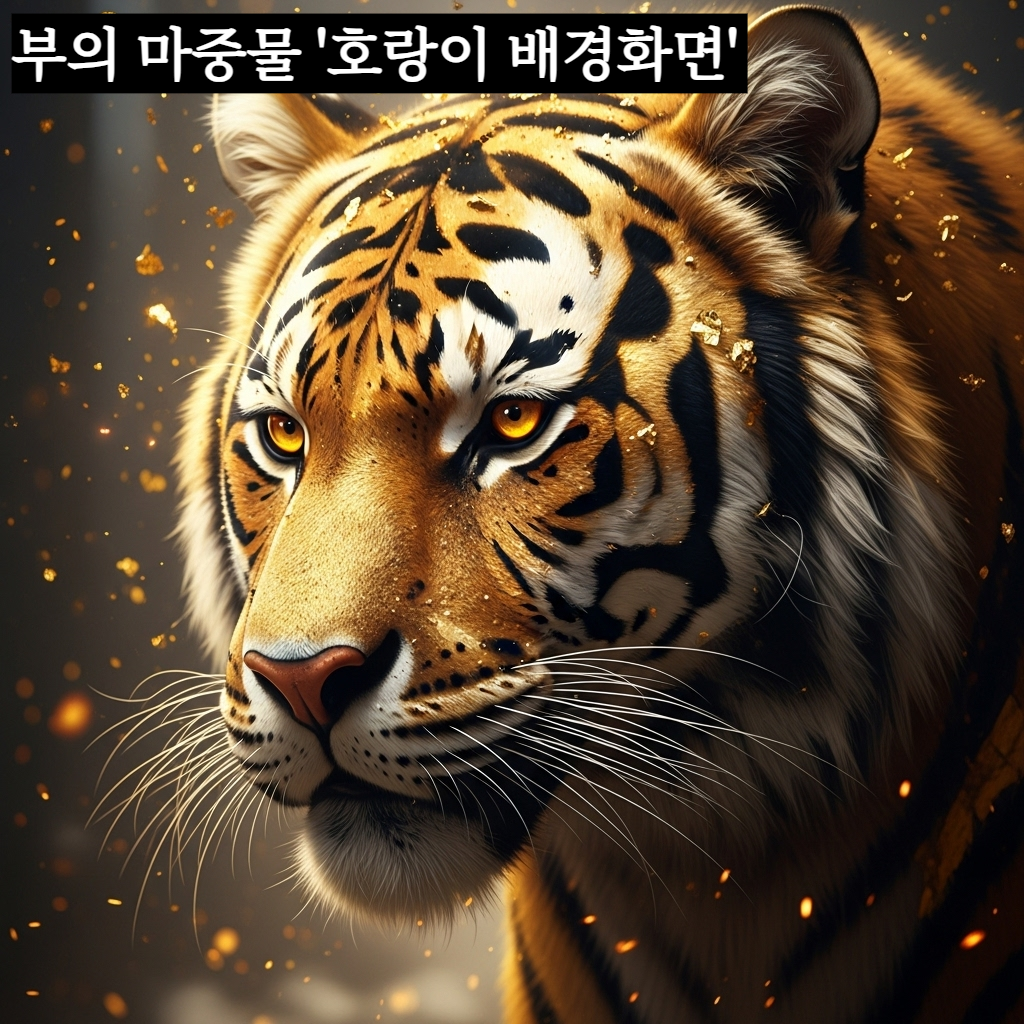 스마트폰 화면 가득 위엄 있게 정면을 응시하는 황금빛 호랑이의 눈빛과 주변으로 흩날리는 금빛 입자들이 신비로운 분위기를 자아내는 디지털 아트