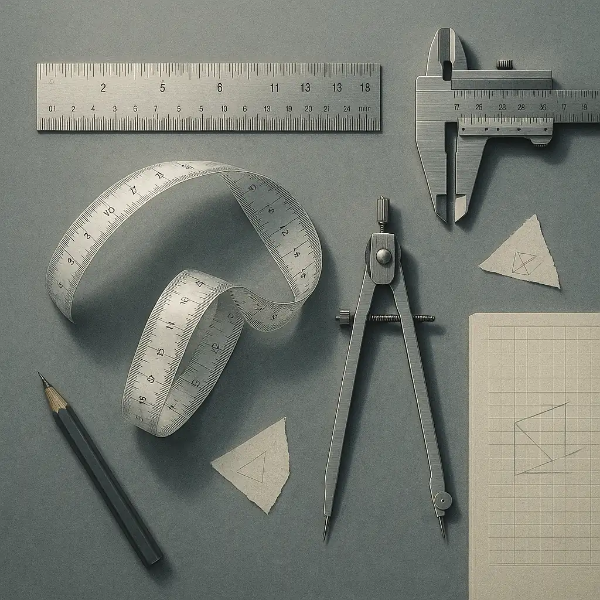 금속 자, 유리 줄자, 캘리퍼스가 정밀하게 정렬되어 있으며, 매트한 회색 배경과 부드러운 조명이 전문가의 작업 공간을 강조하는 산업 정물 이미지
