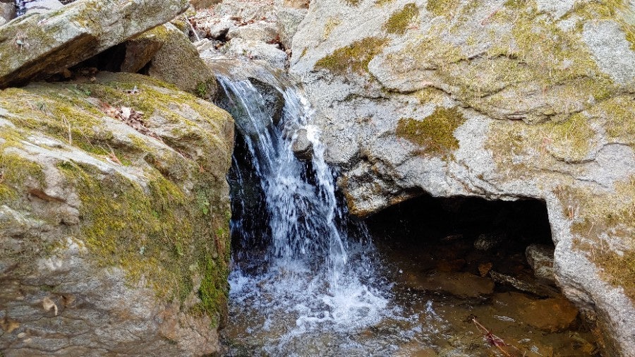 청계산 원터골 계곡의 작은 폭포와 이끼 낀 바위 사이로 흐르는 맑은 물줄기