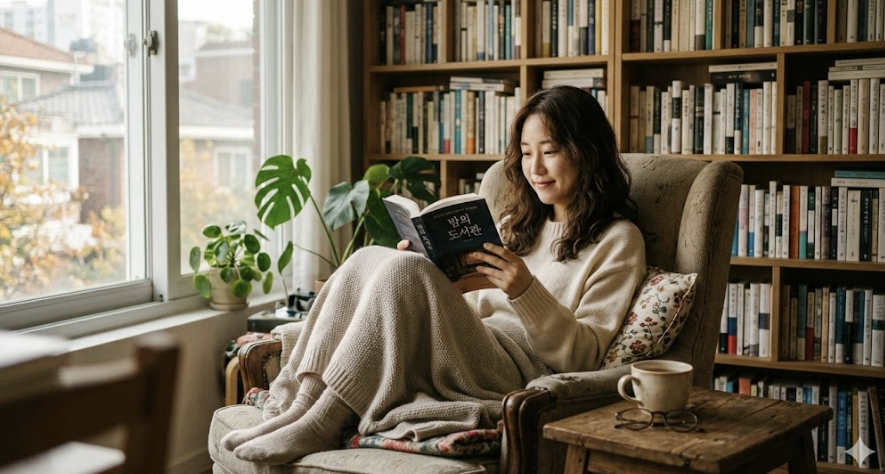 창가에 앉아 독서하는 여성이미지