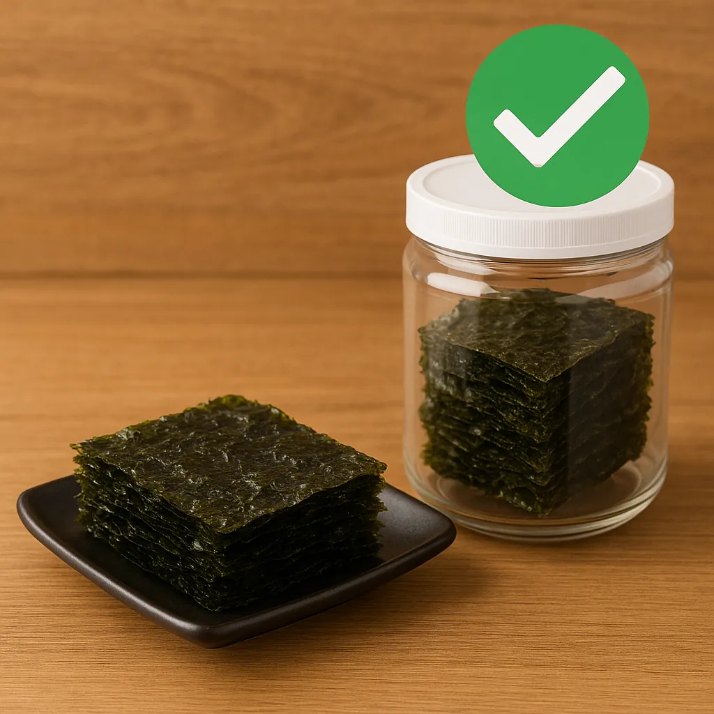 김을-오래-바삭하게-유지하는-방법을-상징적으로-보여주는-사진-왼쪽은-접시에-깔끔하게-쌓인-바삭한-김-오른쪽은-밀폐용기-속에-보관된-김으로-장기간-신선함과-바삭함을-유지하는-방법을-표현