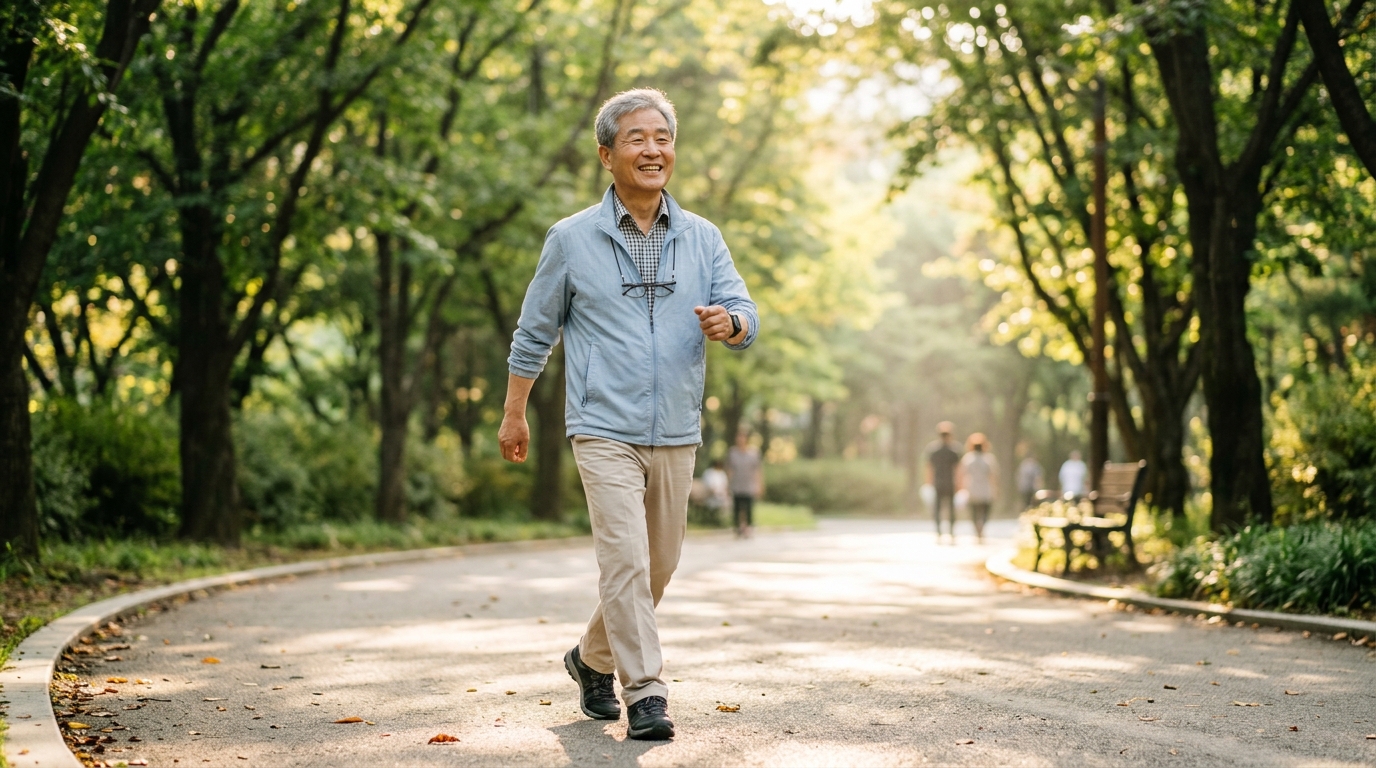 alt="밝은 햇살 아래 공원 길을 여유롭게 걷는 시니어 남성"