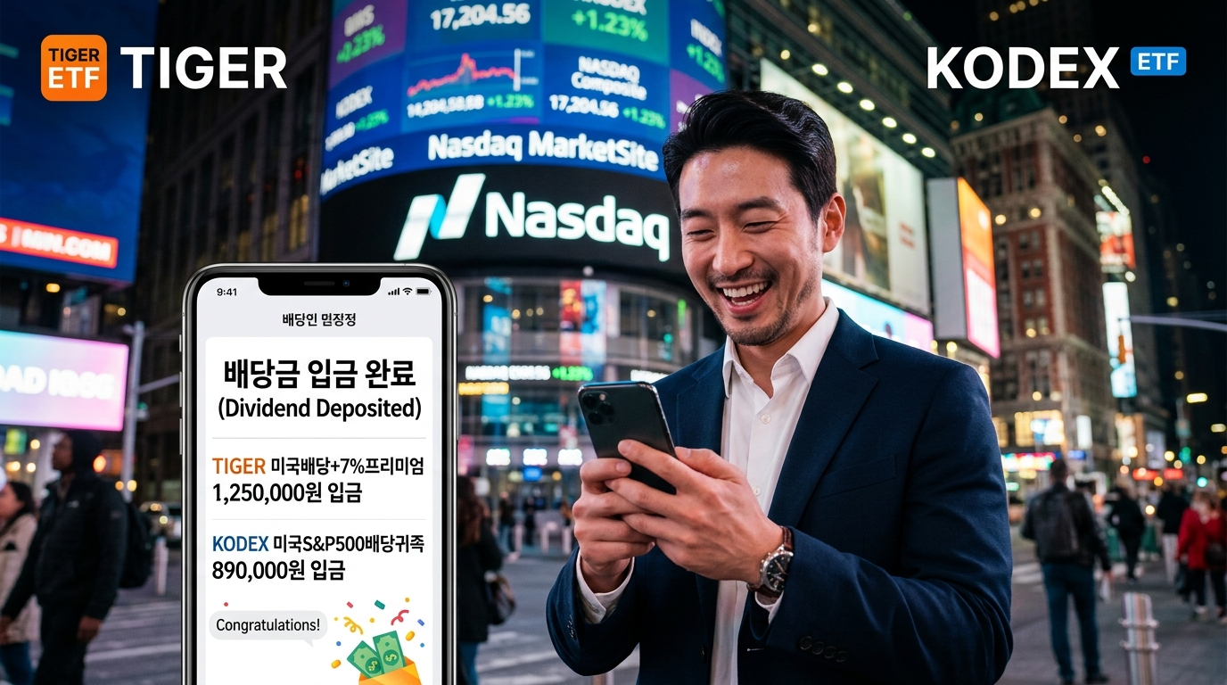 화려한 뉴욕 타임스퀘어 나스닥 전광판 앞에서 투자자가 스마트폰 '입금 알림'을 보며 미소 짓고 있고, 그 뒤로 TIGER와 KODEX 로고가 신뢰감 있게 배치된 썸네일