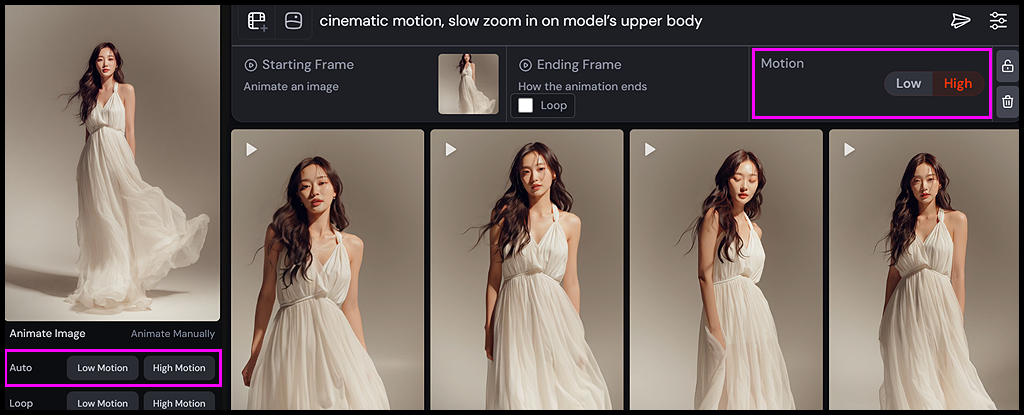 Midjourney Motion 강도(Low/High)를 선택할 수 있는 인터페이스 화면_Midjourney
