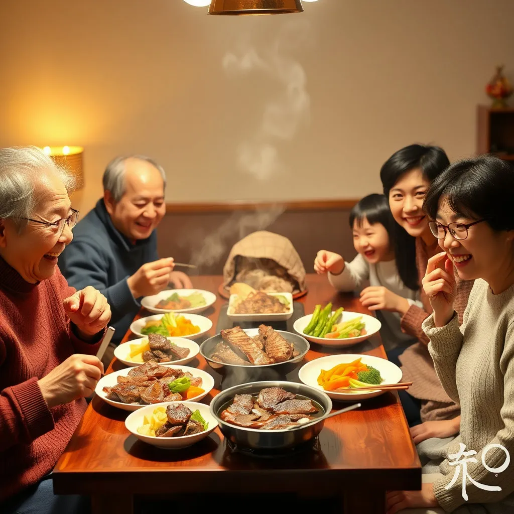 여러 세대의 가족 구성원들이 둘러앉아 한우 구이나 전골 요리를 앞에 두고 즐겁게 대화하며 식사하는 장면입니다. 따뜻한 조명과 화목한 분위기가 강조되며, 모두의 얼굴에 미소가 번져 있습니다.