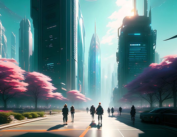 애니메이션 이미지(도시공간을 걸어가는 많은 사람들 모습)