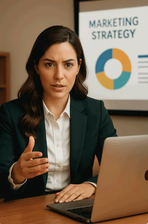 A consistent female character in a business setting, explaining a marketing strategy in front of a slide presentation. This image showcases RunwayML’s ability to maintain character identity in professional video content (Runway Gen-4, AI character consistency).