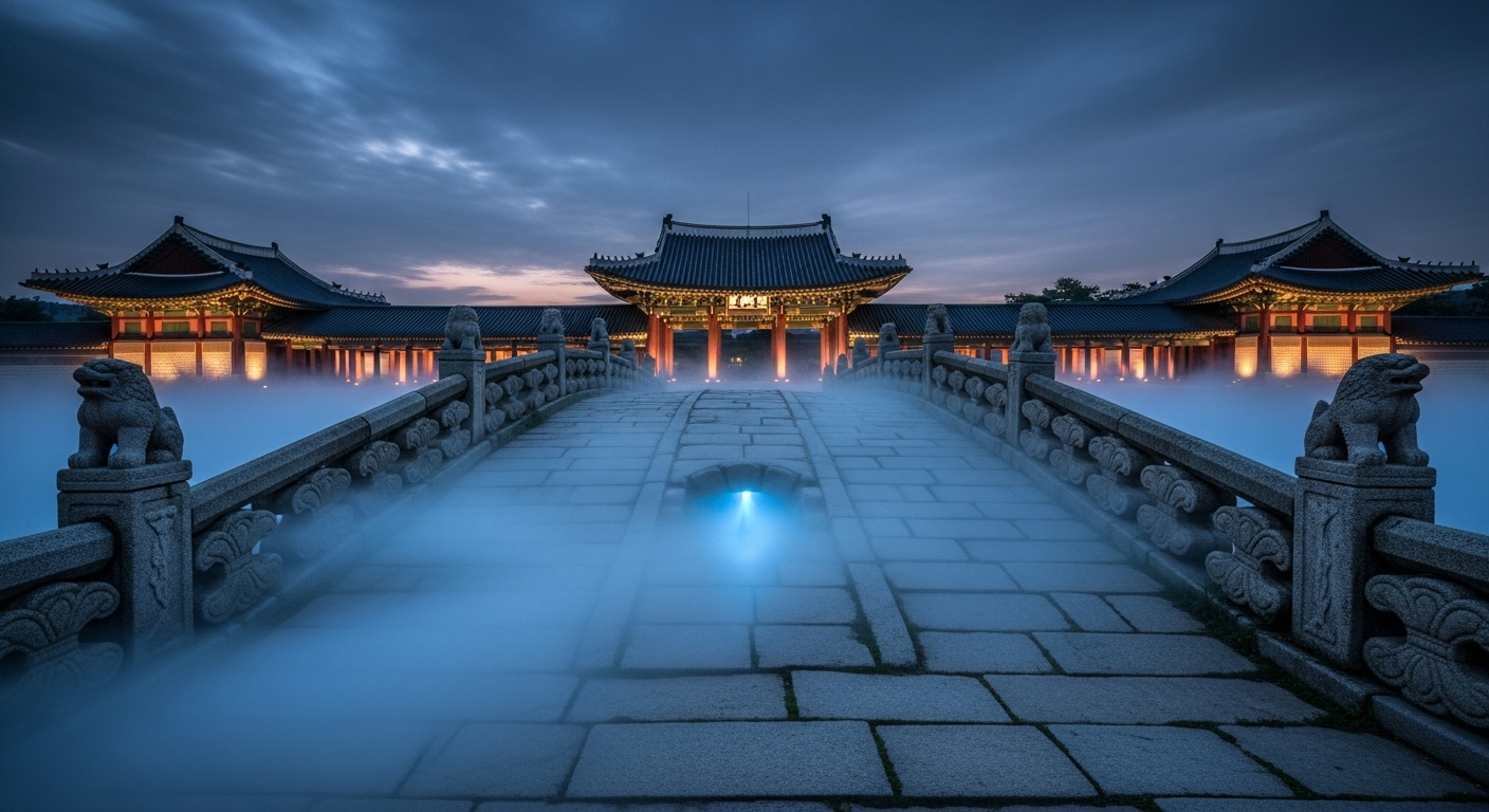 황혼 무렵 조명이 켜진 한국 전통 궁궐과 석조 다리, 양쪽 해태상이 지키고 있는 다리 위에 푸른 안개가 감도는 신비롭고 으스스한 분위기