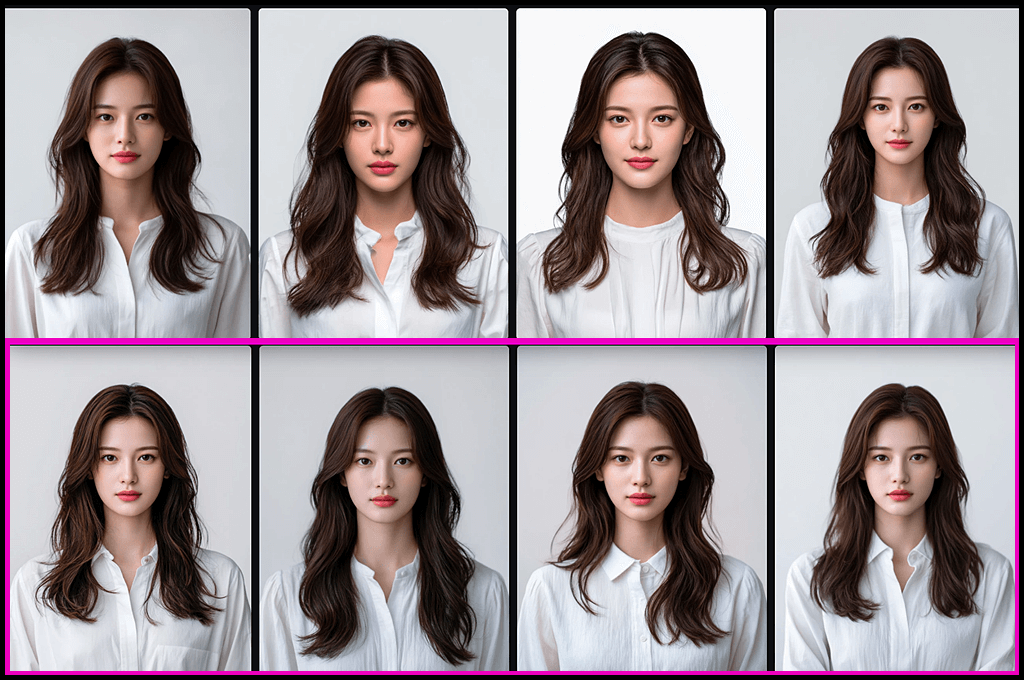 인물 설계 실험, 문장형, 순수하고 차분한 감성 키워드를 포함하여 생성한 한국 여성 모델의 프로필 포트레이트 비교_Midjourney