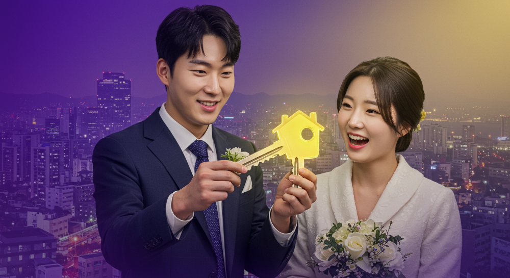 신혼부부가 새로운 아파트 열쇠를 보며 활짝 웃고 있고, 뒤로는 서울, 경기, 대전의 도시 풍경이 어우러져 있다. 신혼부부 임차보증금 지원을 통해 주거 안정을 찾은 모습을 상징한다.