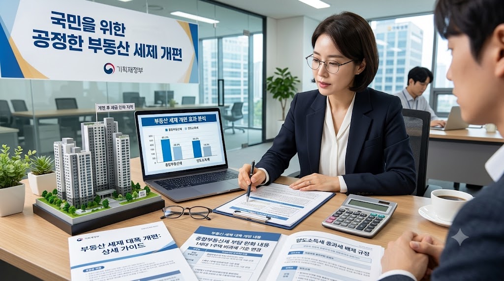 책상 위에 놓인 부동산 세제 개편 관련 서류와 계산기, 소형 집 모형, 안경 및 노트북이 담긴 사진