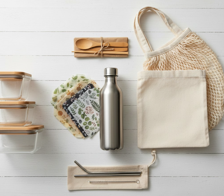 재사용 가능한 친환경 제품들이 정돈되어 있는 제로웨이스트 라이프스타일 이미지