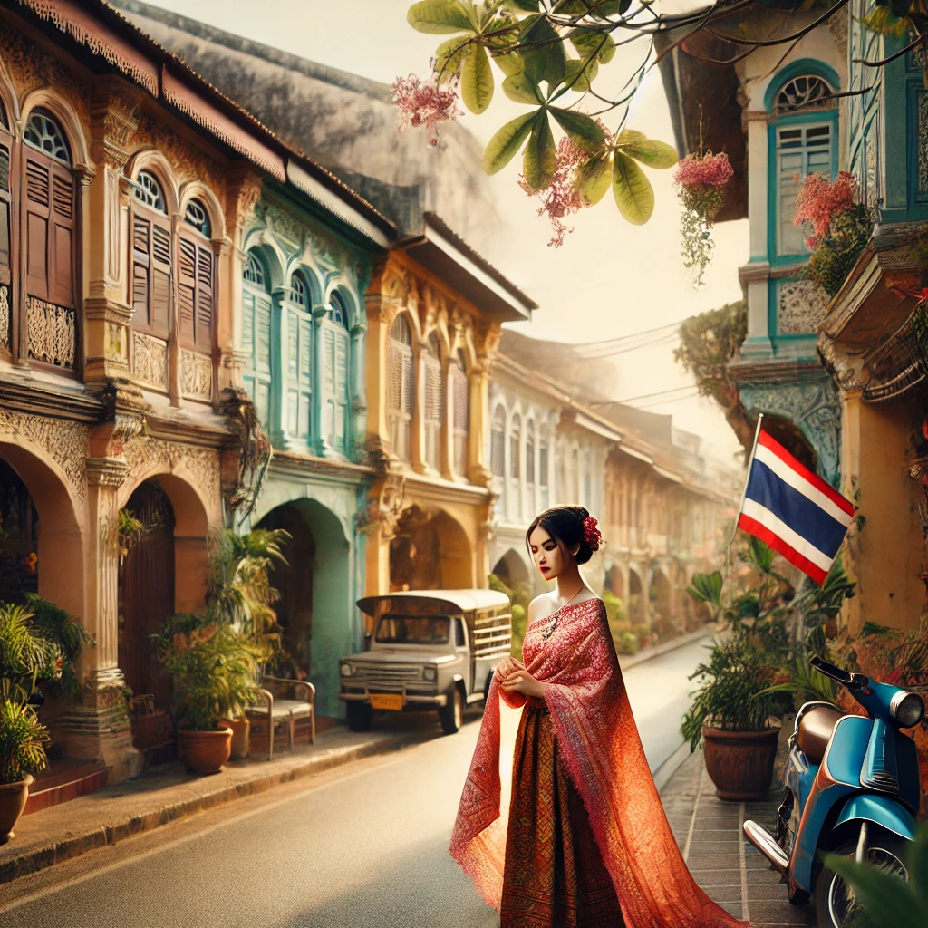 태국 전통 의상을 입고 푸켓의 아름다운 올드타운에서 촬영한 감성적인 사진