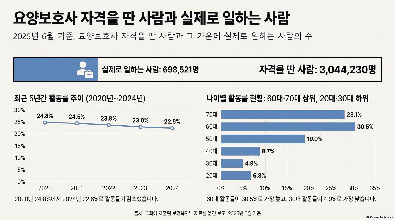 제목은 요양보호사 자격을 딴 사람과 실제로 일하는 사람인 움직이는 그림입니다. 부제는 2025년 6월 기준, 요양보호사 자격을 딴 사람과 그 가운데 실제로 일하는 사람의 수입니다. 먼저 긴 막대가 나타나고 왼쪽 칸에 실제로 일하는 사람(698,521명), 오른쪽에 자격을 딴 사람(3,044,230명)이 적혀 있습니다. 이어 왼쪽에 최근 5년간 활동률 추이(2020년~2024년) 꺾은선이 나타납니다. 2020년 24.8%, 2021년 24.5%, 2022년 23.8%, 2023년 23.0%, 2024년 22.6%이고, 아래에 2020년 24.8%에서 2024년 22.6%로 활동률이 감소했다고 적혀 있습니다. 마지막으로 오른쪽에 나이별 활동률 현황 막대가 나타납니다. 70대 28.1%, 60대 30.5%, 50대 19.0%, 40대 8.7%, 30대 4.9%, 20대 6.8%이고, 아래에 60대 활동률이 30.5%로 가장 높고 30대 활동률이 4.9%로 가장 낮다고 적혀 있습니다. 출처는 국회에 제출된 보건복지부 자료를 옮긴 보도, 2025년 6월 기준입니다