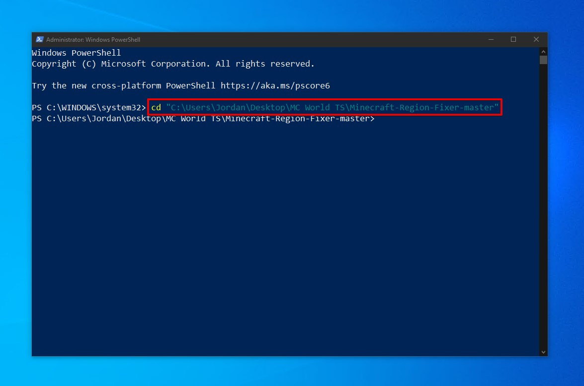 PowerShell에서 Region Fixer가 있는 폴더로 이동하는 명령 화면