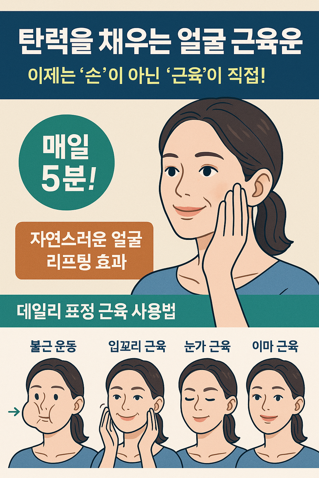 표정 근육을 자극해 얼굴 탄력을 높이는 셀프 얼굴 근육 운동 루틴을 소개하는 한국어 인포그래픽 스타일의 디지털 일러스트