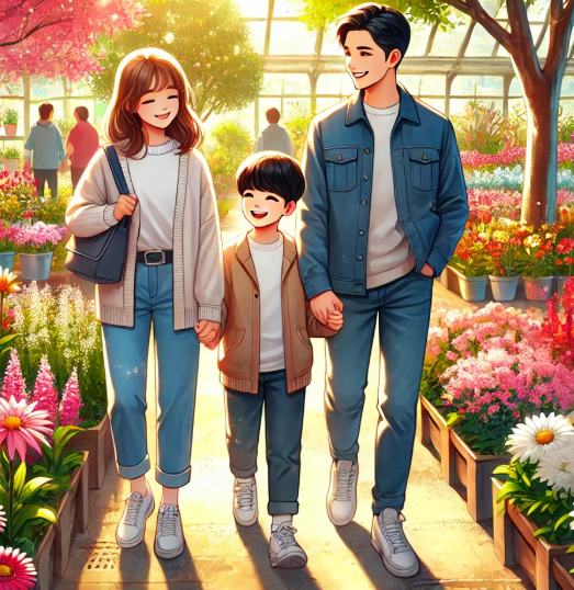 수목원에 놀러온 가족의 모습