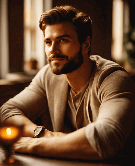 구레나룻 수염이 난 젊은 백인 남자가 의자에 앉아 있다. 갈색머리와 갈색 수염이다.