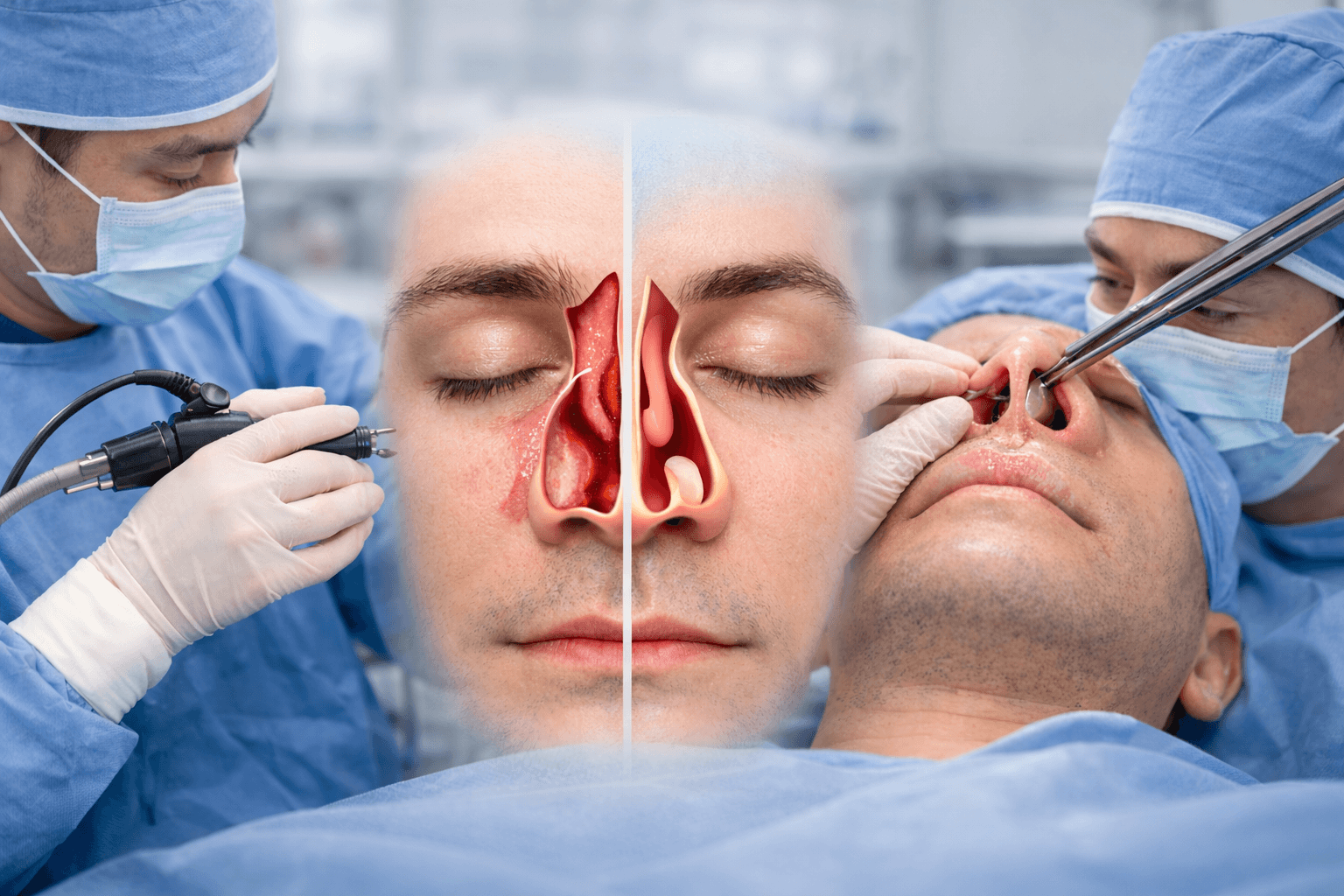 하비갑개 축소술과 비중격 교정술로 비염 코막힘을 치료하는 이비인후과 수술 장면과 코 내부 구조 설명 이미지